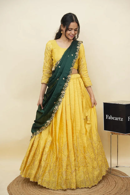 Beautiful South Indian Style Gold Crush Half Saree with Hand Work and Beads Work Blouse and Dupatta for Women | SitaRamam Kv