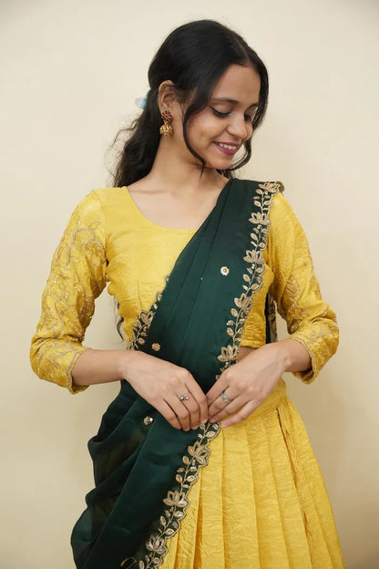 Beautiful South Indian Style Gold Crush Half Saree with Hand Work and Beads Work Blouse and Dupatta for Women | SitaRamam Kv
