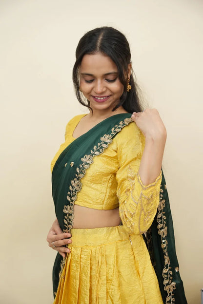 Beautiful South Indian Style Gold Crush Half Saree with Hand Work and Beads Work Blouse and Dupatta for Women | SitaRamam Kv