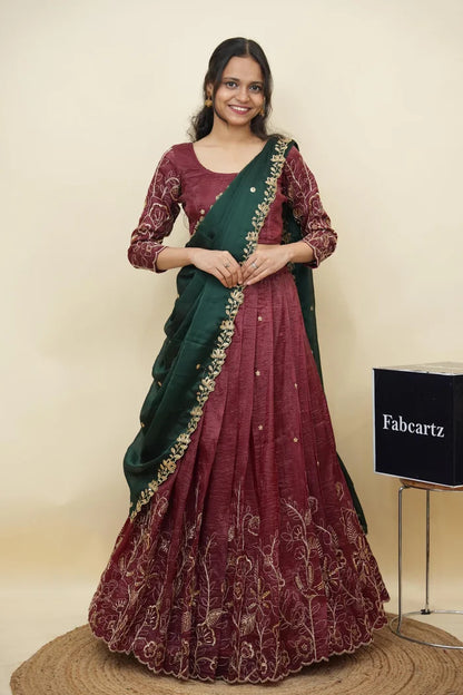 Beautiful South Indian Style Gold Crush Half Saree with Hand Work and Beads Work Blouse and Dupatta for Women | SitaRamam Kv