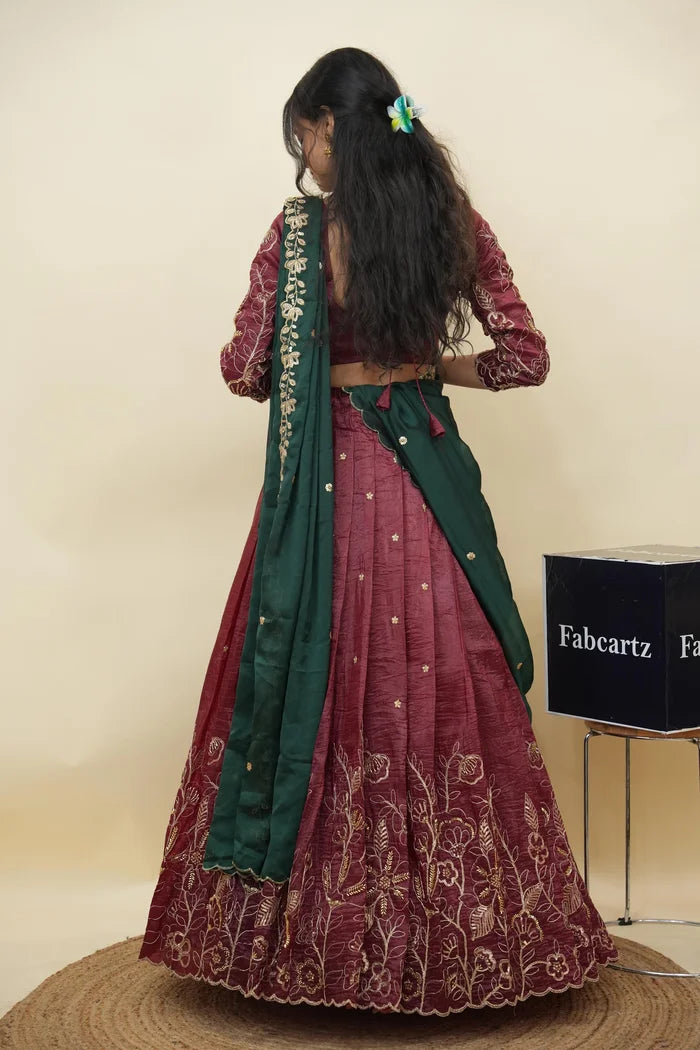 Beautiful South Indian Style Gold Crush Half Saree with Hand Work and Beads Work Blouse and Dupatta for Women | SitaRamam Kv