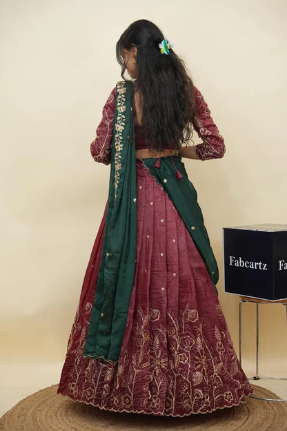 Beautiful South Indian Style Gold Crush Half Saree with Hand Work and Beads Work Blouse and Dupatta for Women | SitaRamam Kv