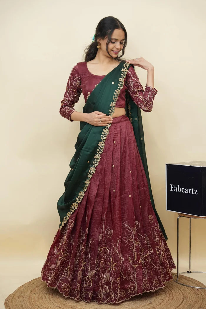 Beautiful South Indian Style Gold Crush Half Saree with Hand Work and Beads Work Blouse and Dupatta for Women | SitaRamam Kv