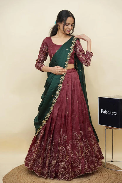 Beautiful South Indian Style Gold Crush Half Saree with Hand Work and Beads Work Blouse and Dupatta for Women | SitaRamam Kv