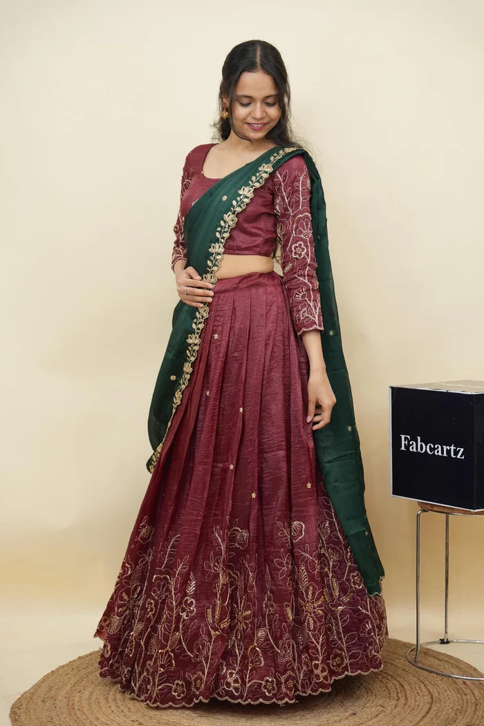 Beautiful South Indian Style Gold Crush Half Saree with Hand Work and Beads Work Blouse and Dupatta for Women | SitaRamam Kv