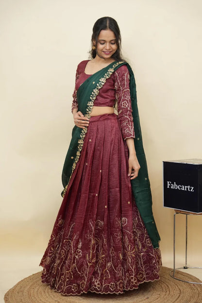 Beautiful South Indian Style Gold Crush Half Saree with Hand Work and Beads Work Blouse and Dupatta for Women | SitaRamam Kv