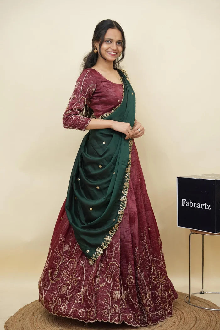 Beautiful South Indian Style Gold Crush Half Saree with Hand Work and Beads Work Blouse and Dupatta for Women | SitaRamam Kv