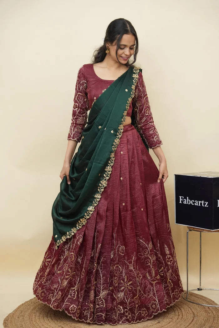 Beautiful South Indian Style Gold Crush Half Saree with Hand Work and Beads Work Blouse and Dupatta for Women | SitaRamam Kv