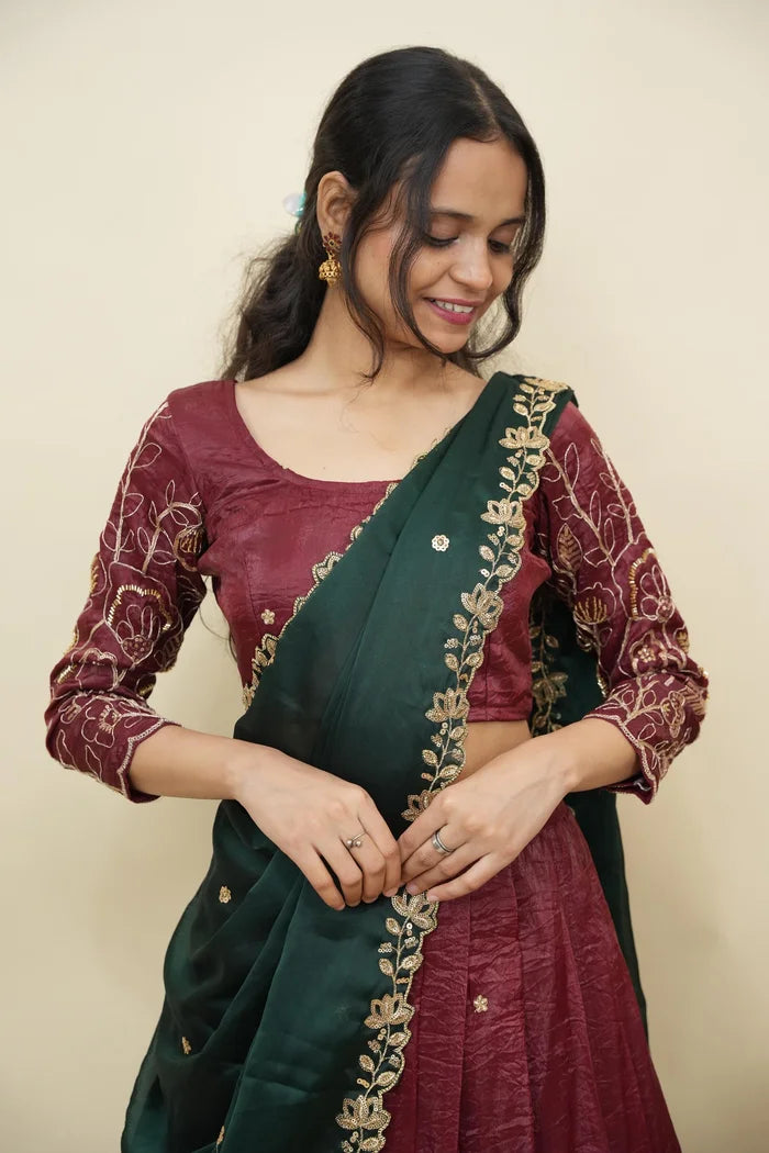 Beautiful South Indian Style Gold Crush Half Saree with Hand Work and Beads Work Blouse and Dupatta for Women | SitaRamam Kv