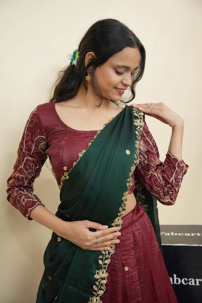 Beautiful South Indian Style Gold Crush Half Saree with Hand Work and Beads Work Blouse and Dupatta for Women | SitaRamam Kv