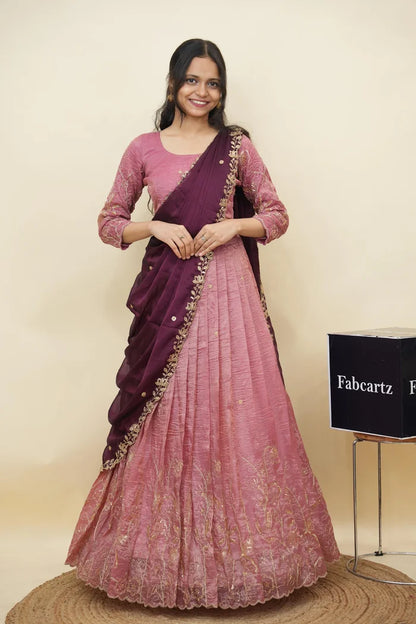 Beautiful South Indian Style Gold Crush Half Saree with Hand Work and Beads Work Blouse and Dupatta for Women | SitaRamam Kv