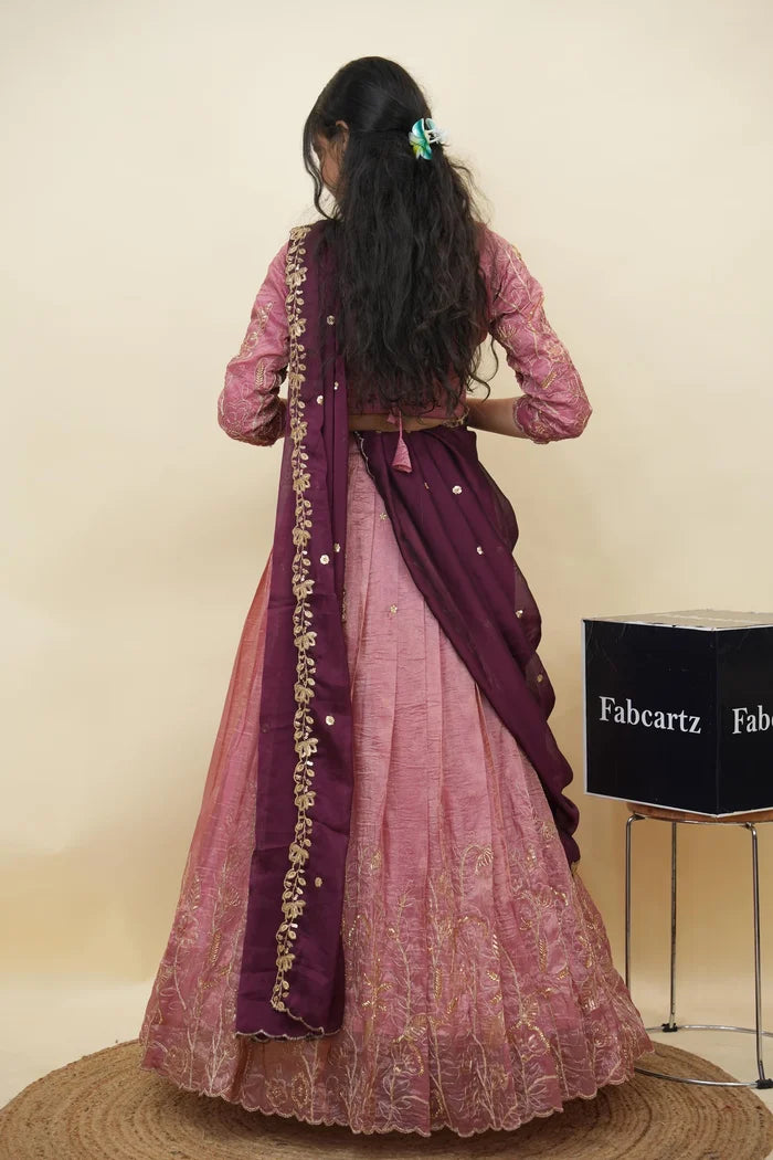 Beautiful South Indian Style Gold Crush Half Saree with Hand Work and Beads Work Blouse and Dupatta for Women | SitaRamam Kv