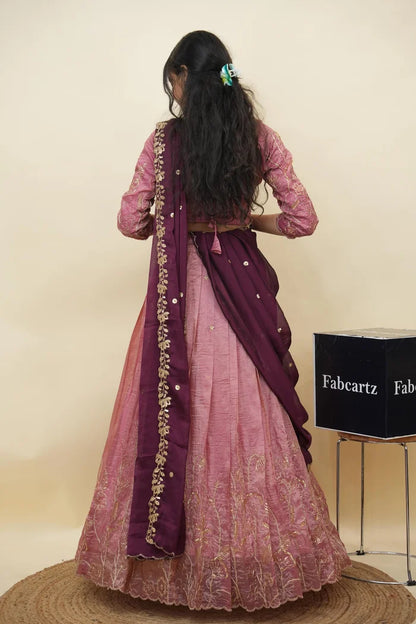 Beautiful South Indian Style Gold Crush Half Saree with Hand Work and Beads Work Blouse and Dupatta for Women | SitaRamam Kv