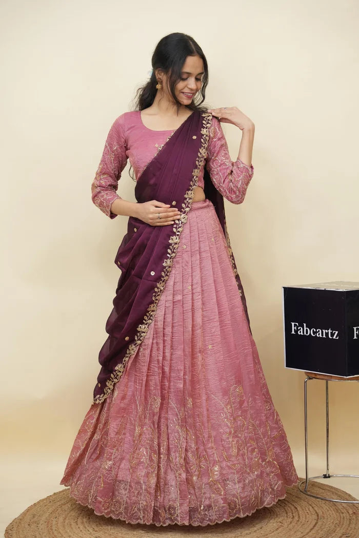 Beautiful South Indian Style Gold Crush Half Saree with Hand Work and Beads Work Blouse and Dupatta for Women | SitaRamam Kv