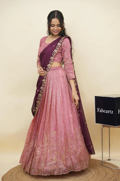 Beautiful South Indian Style Gold Crush Half Saree with Hand Work and Beads Work Blouse and Dupatta for Women | SitaRamam Kv