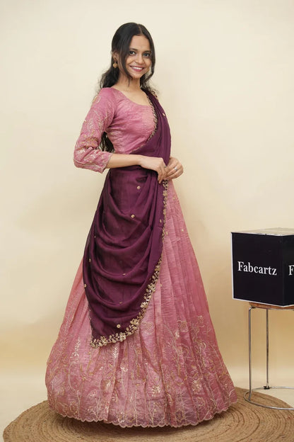Beautiful South Indian Style Gold Crush Half Saree with Hand Work and Beads Work Blouse and Dupatta for Women | SitaRamam Kv