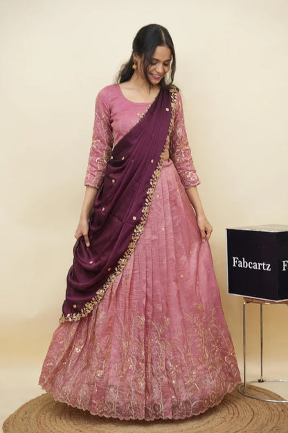Beautiful South Indian Style Gold Crush Half Saree with Hand Work and Beads Work Blouse and Dupatta for Women | SitaRamam Kv