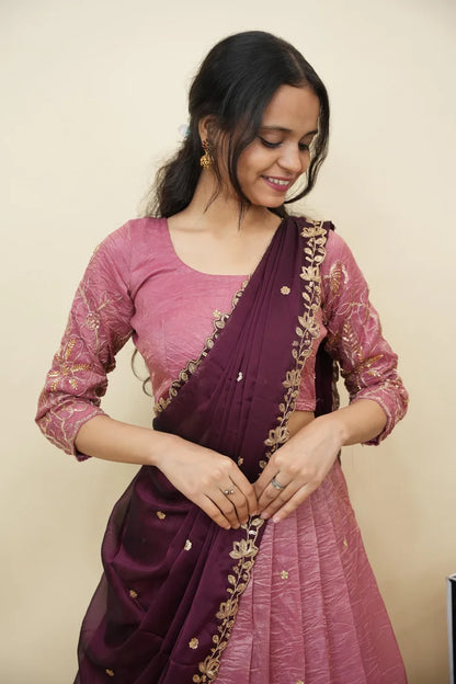 Beautiful South Indian Style Gold Crush Half Saree with Hand Work and Beads Work Blouse and Dupatta for Women | SitaRamam Kv