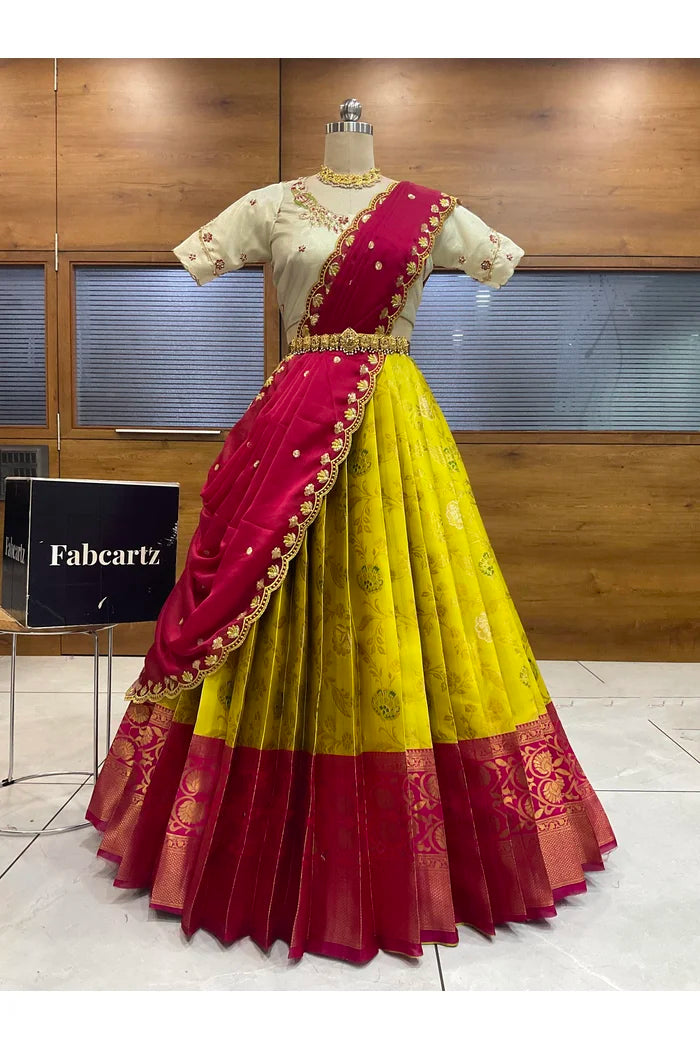Beautiful South Indian Style Half Saree with Hand Work Blouse and Dupatta for Women | Shobitha