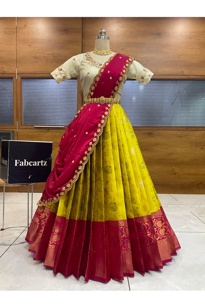 Beautiful South Indian Style Half Saree with Hand Work Blouse and Dupatta for Women | Shobitha