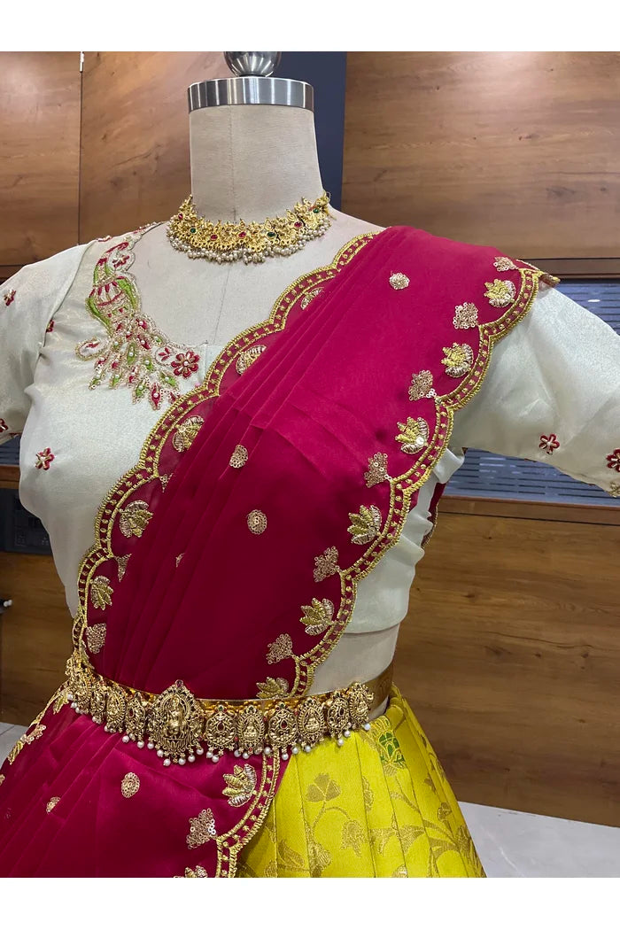 Beautiful South Indian Style Half Saree with Hand Work Blouse and Dupatta for Women | Shobitha