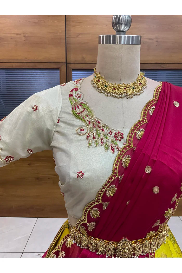 Beautiful South Indian Style Half Saree with Hand Work Blouse and Dupatta for Women | Shobitha