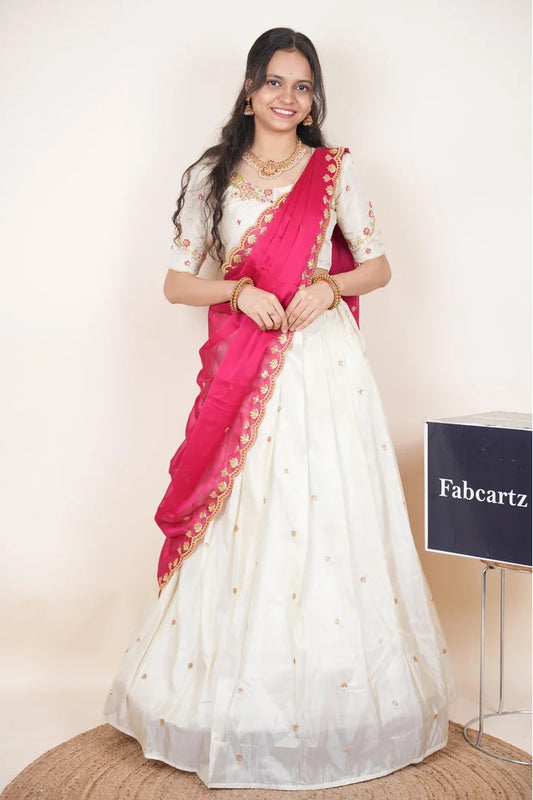 Beautiful South Indian Style Unstitch Shimmer Half Saree with Hand Work Blouse and Rangoli Dupatta for Women | Shivani KV