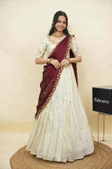 Beautiful South Indian Style Unstitch Shimmer Half Saree with Hand Work Blouse and Rangoli Dupatta for Women | Shivani KV