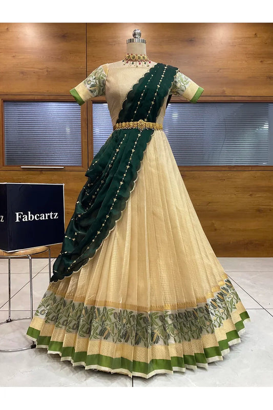 Beautiful South Indian Style Half Saree with Blouse and Dupatta for Women | Ginger