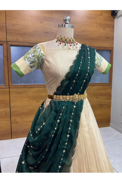 Beautiful South Indian Style Half Saree with Blouse and Dupatta for Women | Ginger
