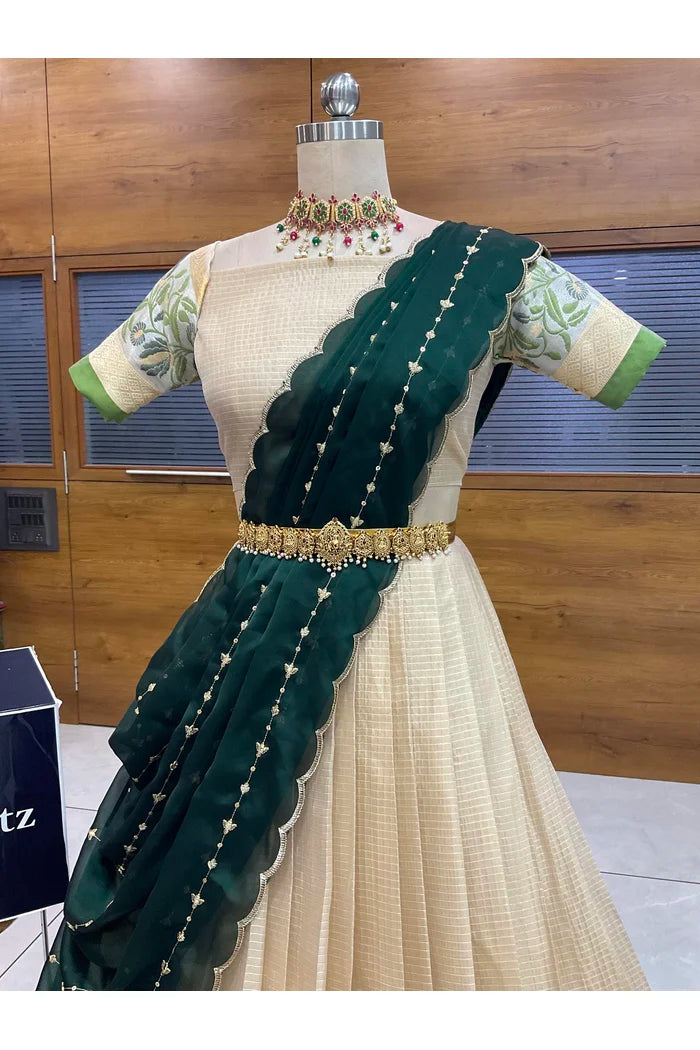 Beautiful South Indian Style Half Saree with Blouse and Dupatta for Women | Ginger