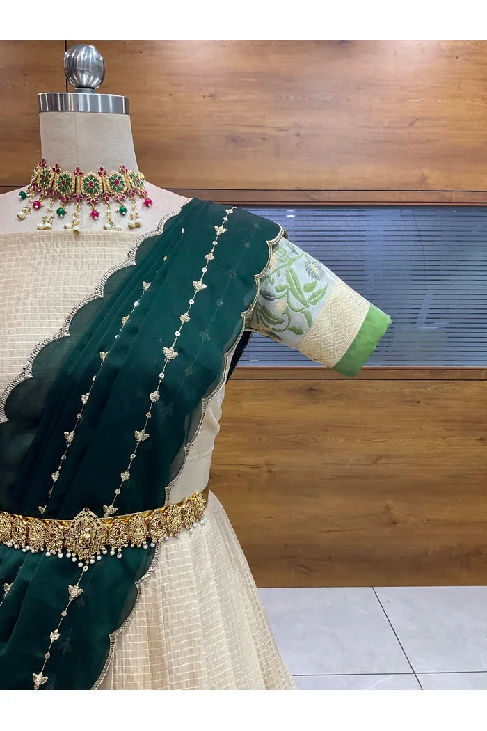 Beautiful South Indian Style Half Saree with Blouse and Dupatta for Women | Ginger