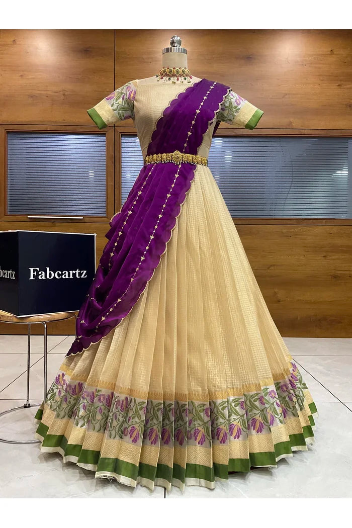 Beautiful South Indian Style Half Saree with Blouse and Dupatta for Women | Ginger
