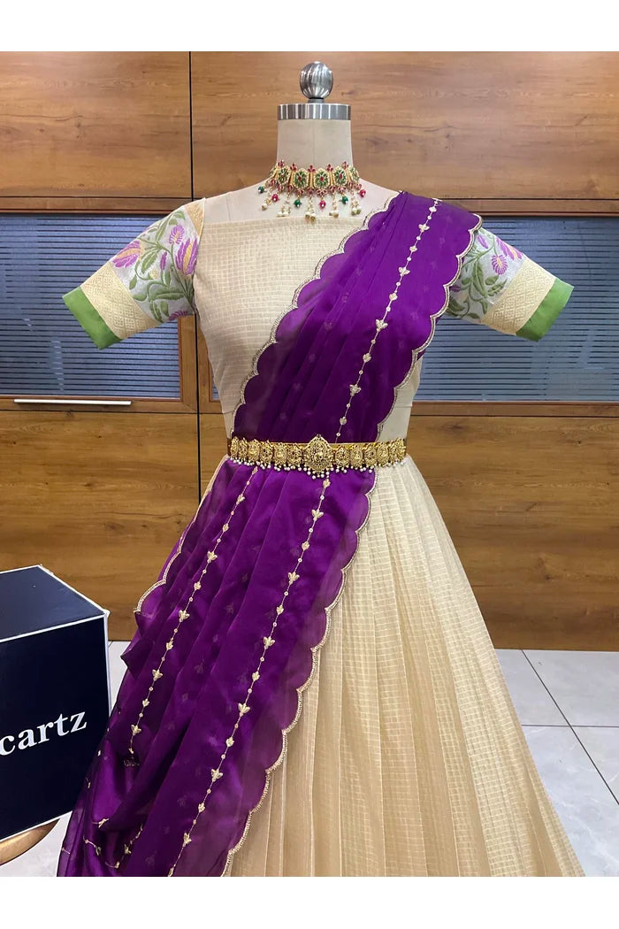 Beautiful South Indian Style Half Saree with Blouse and Dupatta for Women | Ginger