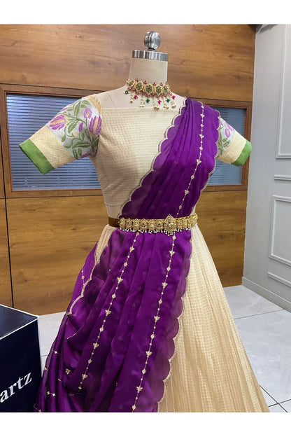 Beautiful South Indian Style Half Saree with Blouse and Dupatta for Women | Ginger