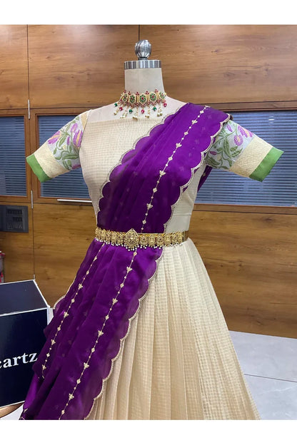 Beautiful South Indian Style Half Saree with Blouse and Dupatta for Women | Ginger