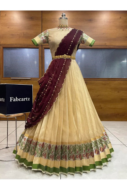Beautiful South Indian Style Half Saree with Blouse and Dupatta for Women | Ginger