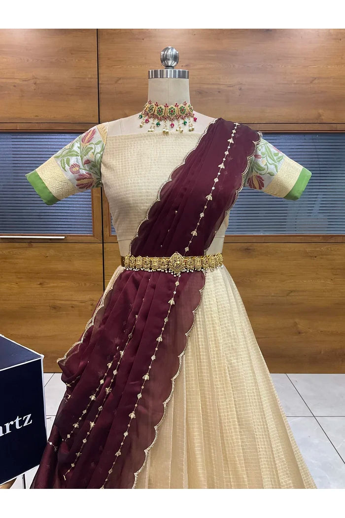 Beautiful South Indian Style Half Saree with Blouse and Dupatta for Women | Ginger