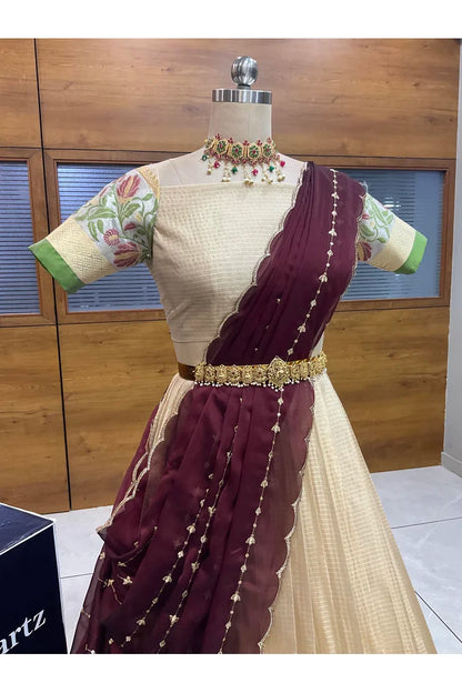 Beautiful South Indian Style Half Saree with Blouse and Dupatta for Women | Ginger