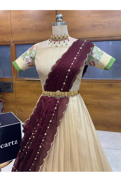 Beautiful South Indian Style Half Saree with Blouse and Dupatta for Women | Ginger