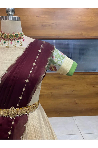 Beautiful South Indian Style Half Saree with Blouse and Dupatta for Women | Ginger
