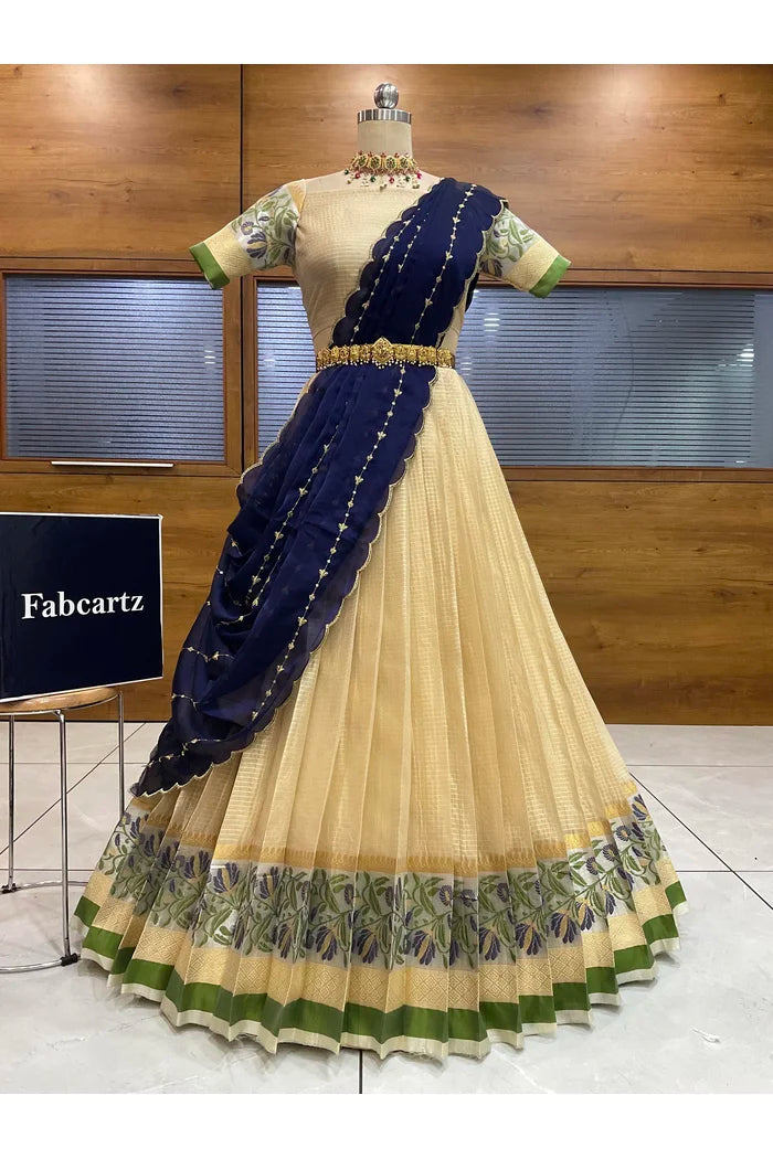 Beautiful South Indian Style Half Saree with Blouse and Dupatta for Women | Ginger