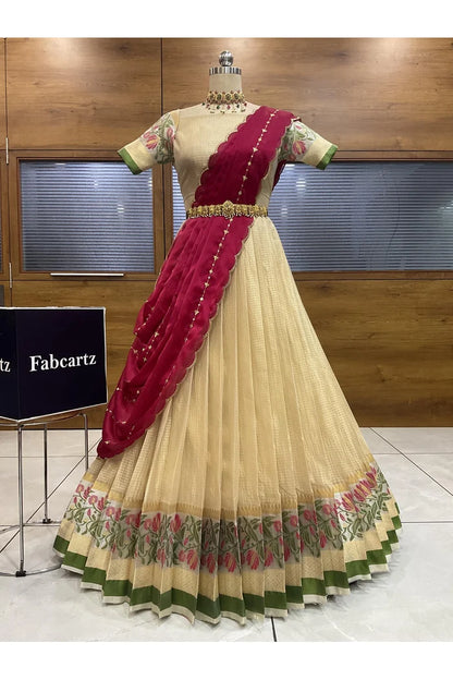 Beautiful South Indian Style Half Saree with Blouse and Dupatta for Women | Ginger