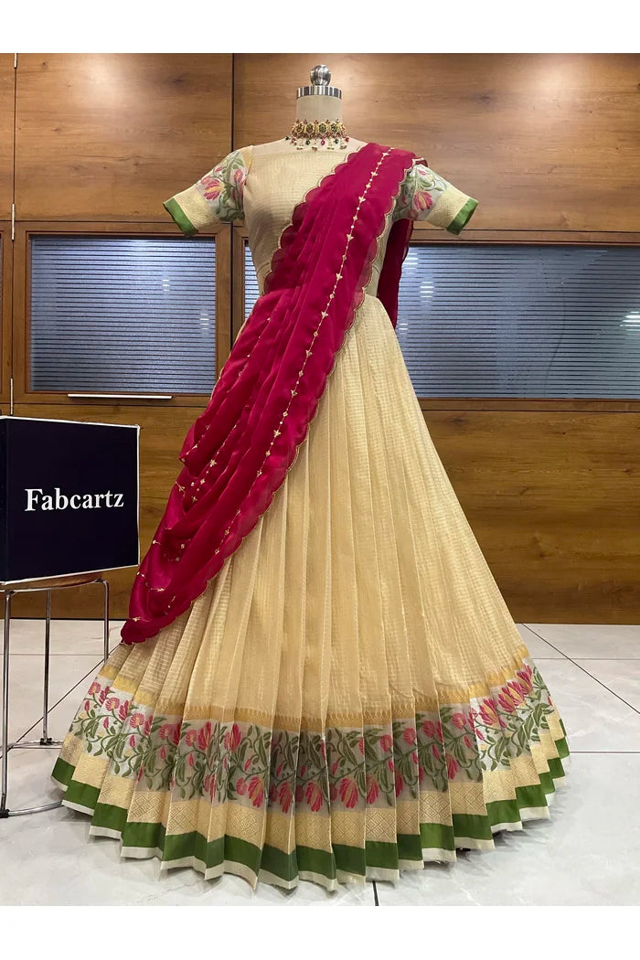 Beautiful South Indian Style Half Saree with Blouse and Dupatta for Women | Ginger