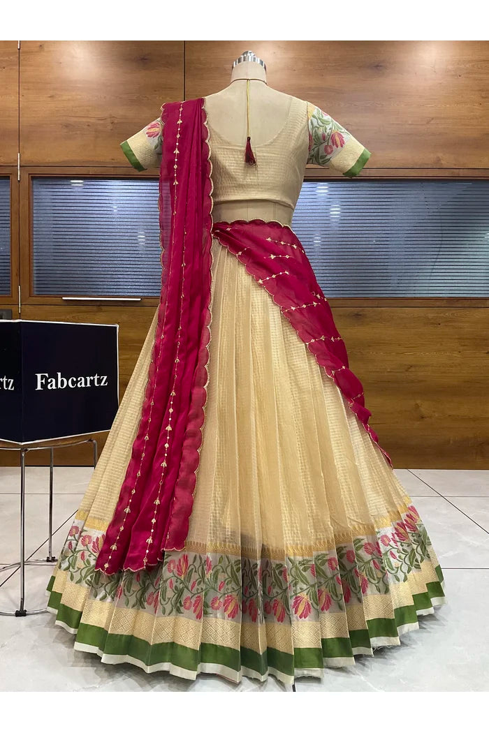 Beautiful South Indian Style Half Saree with Blouse and Dupatta for Women | Ginger