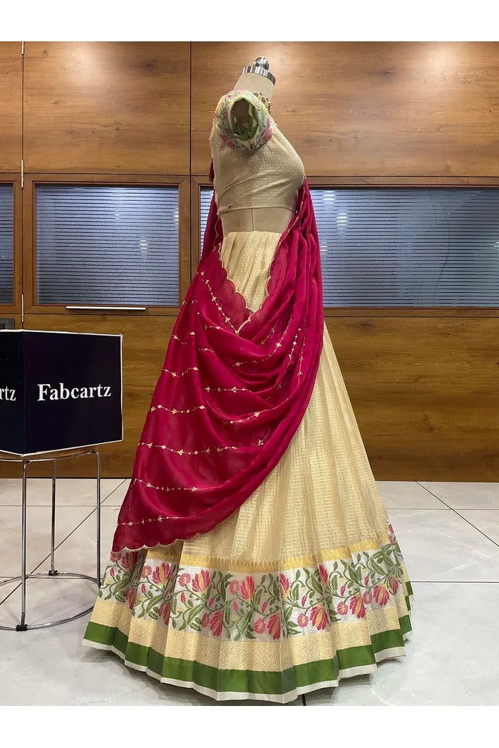 Beautiful South Indian Style Half Saree with Blouse and Dupatta for Women | Ginger