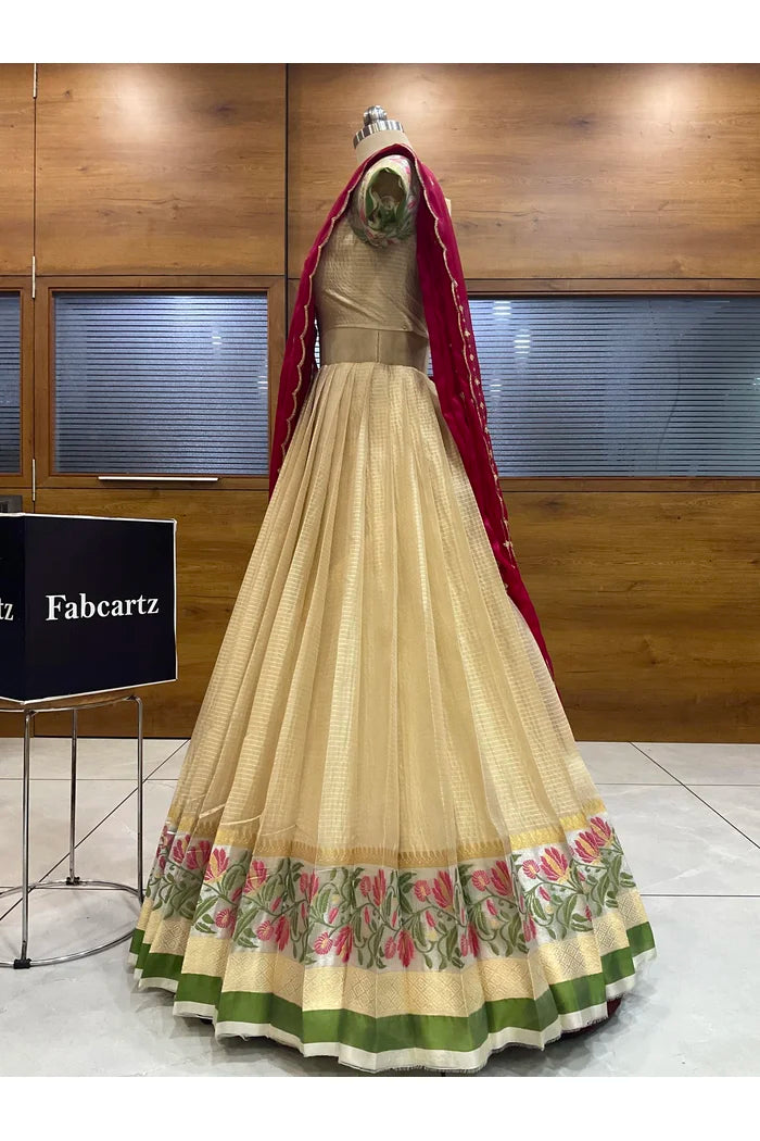 Beautiful South Indian Style Half Saree with Blouse and Dupatta for Women | Ginger