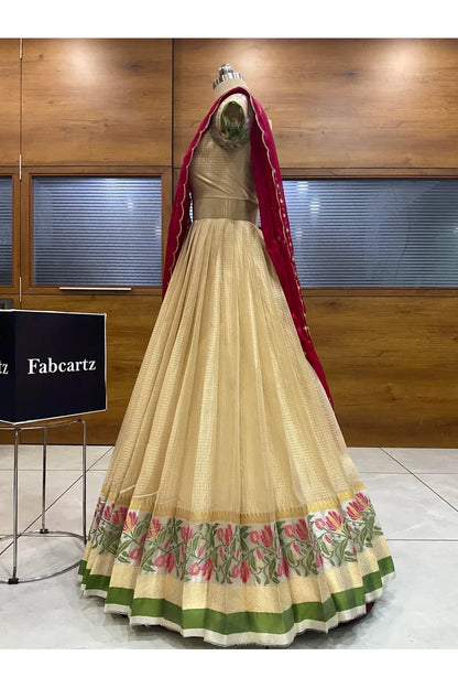 Beautiful South Indian Style Half Saree with Blouse and Dupatta for Women | Ginger