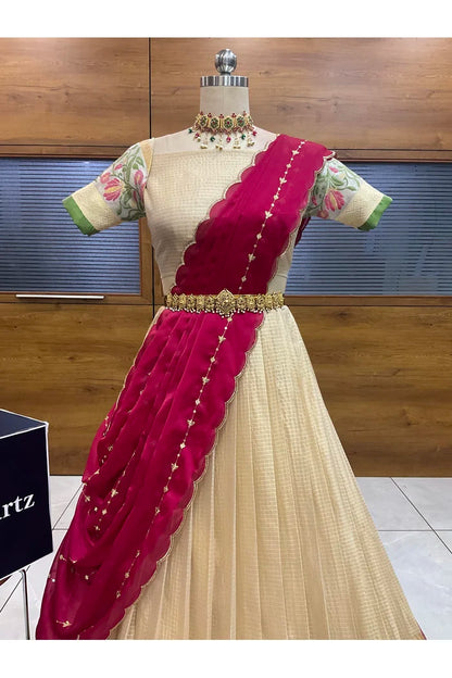Beautiful South Indian Style Half Saree with Blouse and Dupatta for Women | Ginger