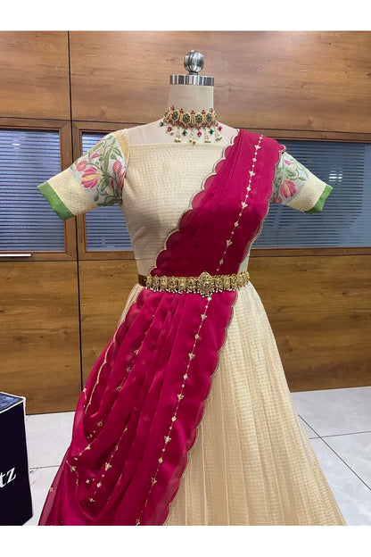 Beautiful South Indian Style Half Saree with Blouse and Dupatta for Women | Ginger